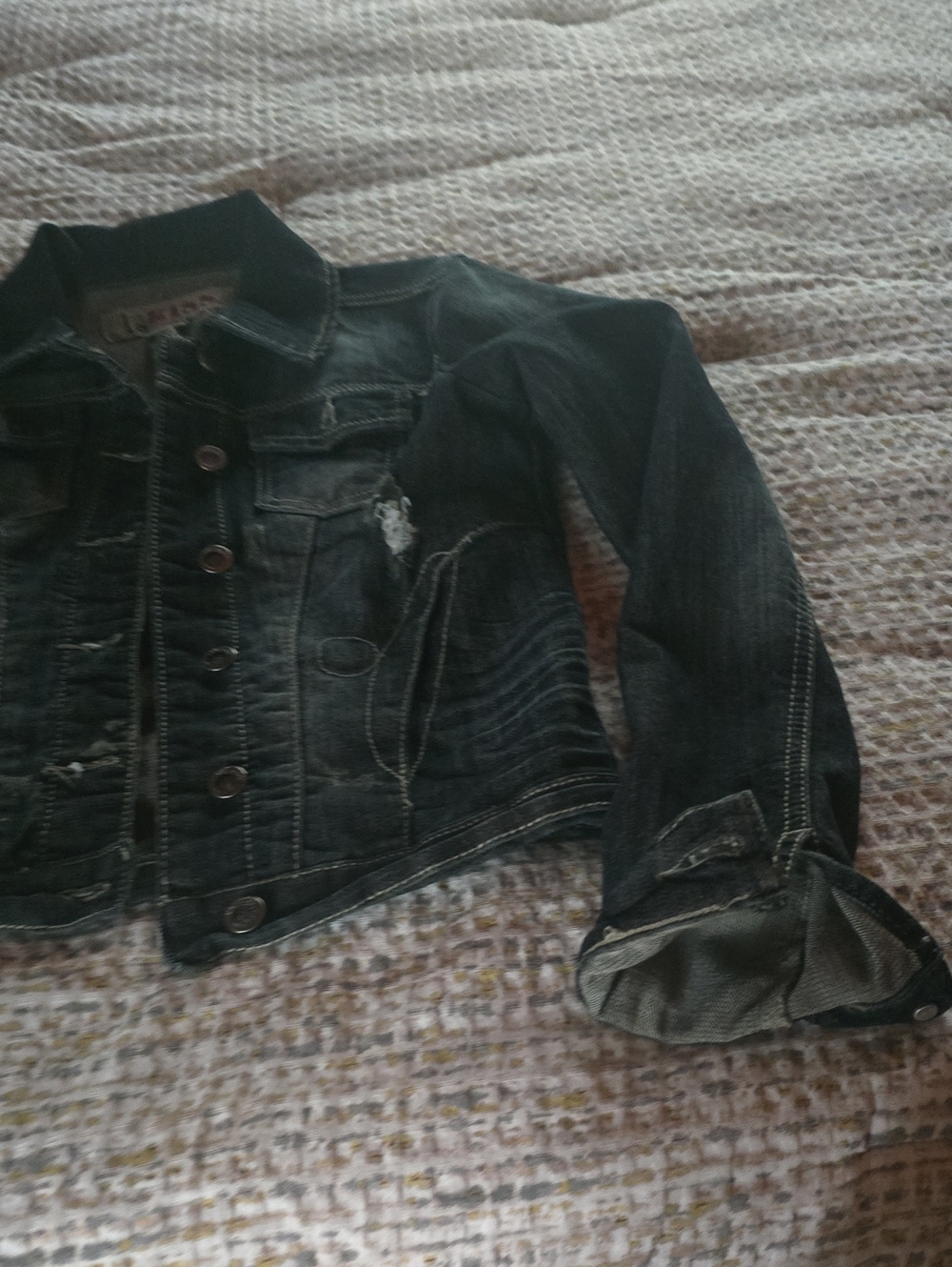 Affliction Distressed Skull Denim Jacket in Dark Jeans Blue